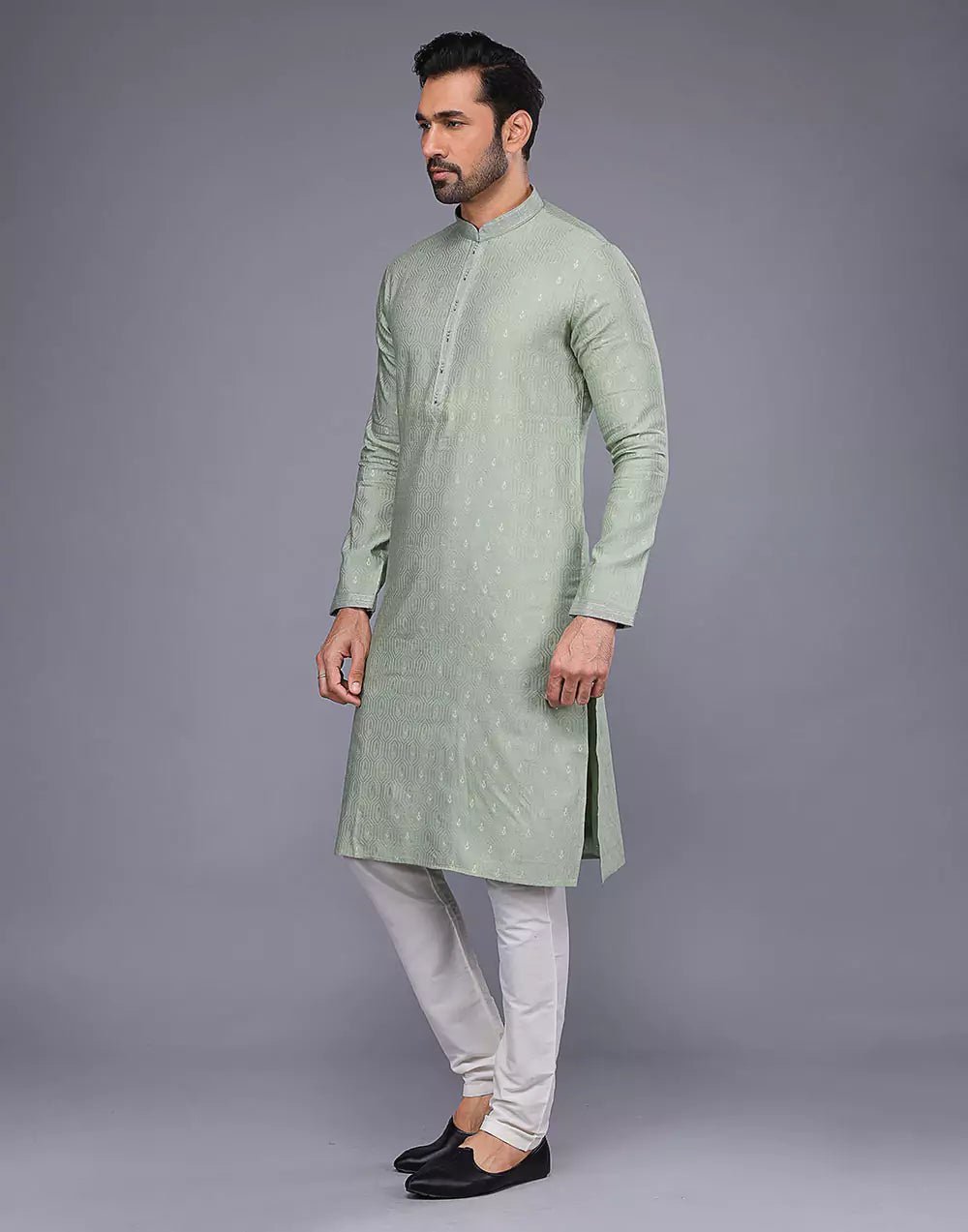 Image of Light Pista Embroidery Butta Design Soft Silk Kurta Pyjama Set - South India Shopping Mall