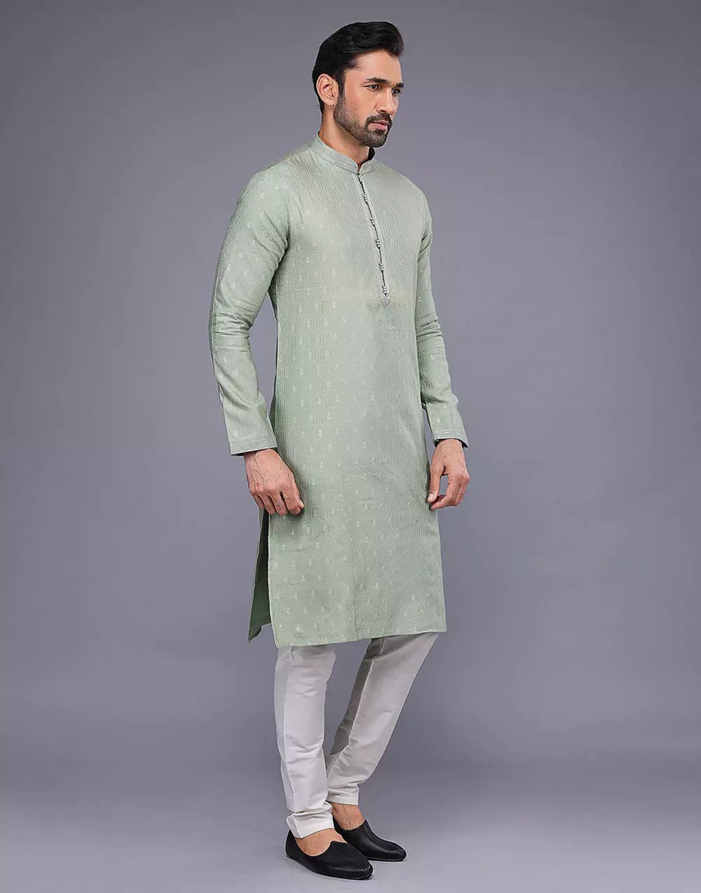 Image of Light Pista Embroidery Butta Design Soft Silk Kurta Pyjama Set - South India Shopping Mall