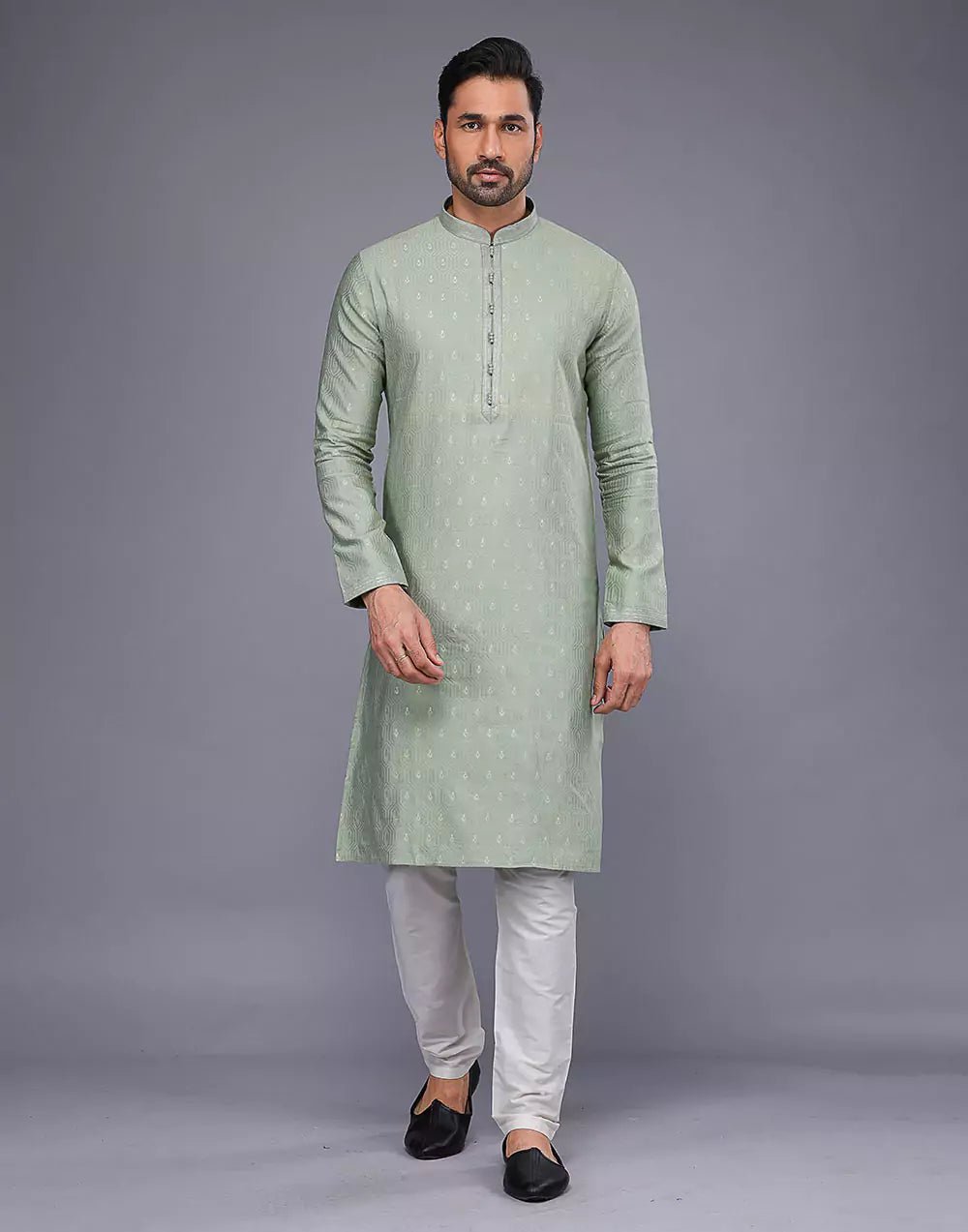 Image of Light Pista Embroidery Butta Design Soft Silk Kurta Pyjama Set - South India Shopping Mall