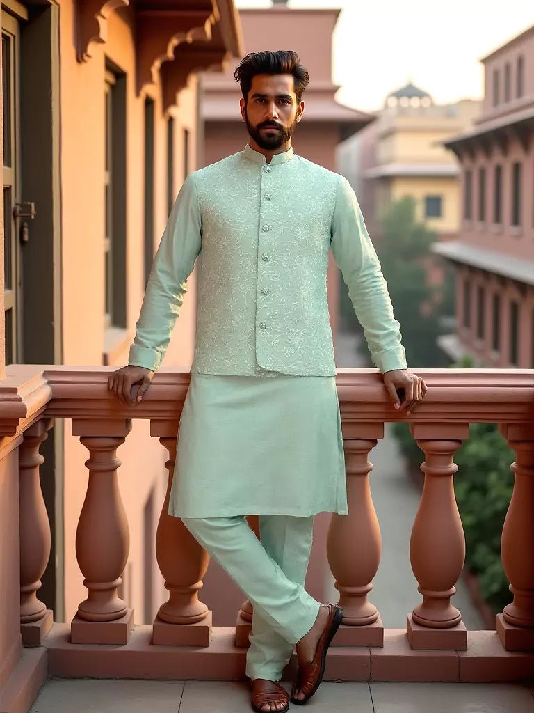 Light Pista Floral Thread Embroidery Giza Cotton Kurta Jacket Set - South India Shopping Mall