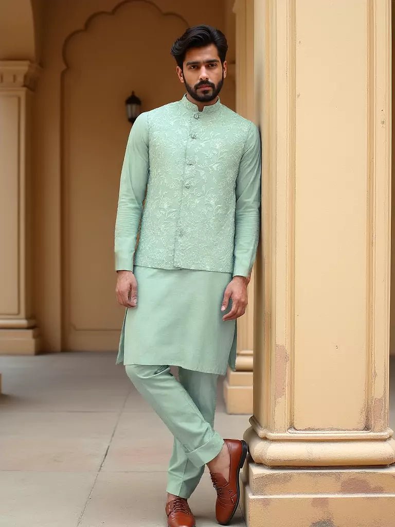 Image of Light Pista Floral Thread Embroidery Giza Cotton Kurta Jacket Set - South India Shopping Mall