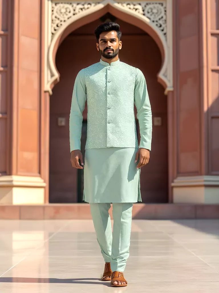 Light Pista Floral Thread Embroidery Giza Cotton Kurta Jacket Set - South India Shopping Mall
