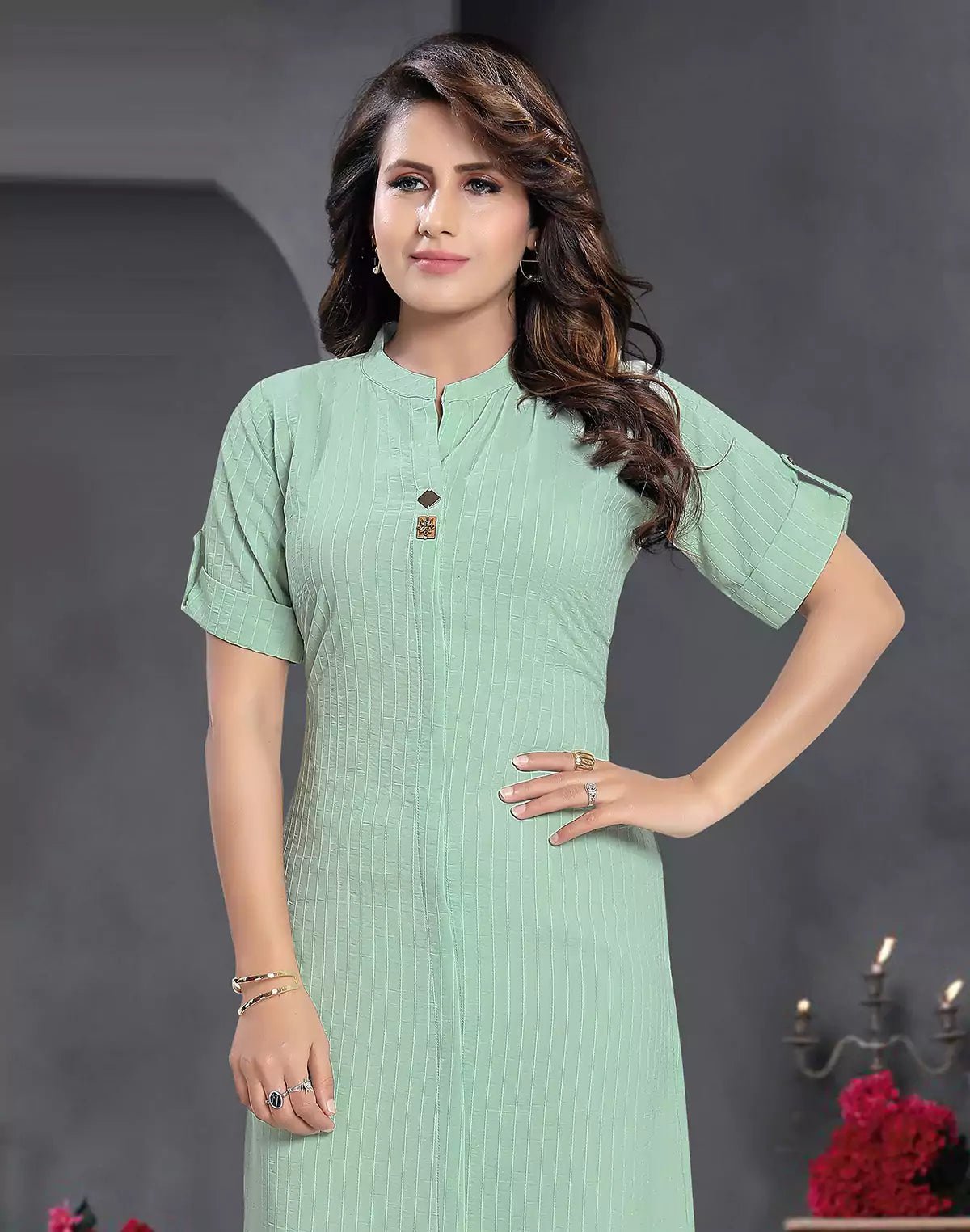 Image of Light Pista Green Cotton Silk Kurti - South India Shopping Mall