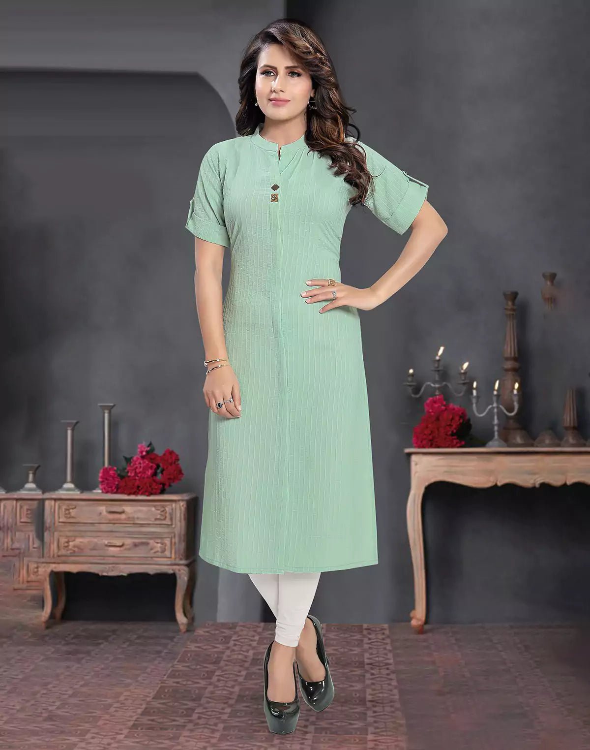 Image of Light Pista Green Cotton Silk Kurti - South India Shopping Mall