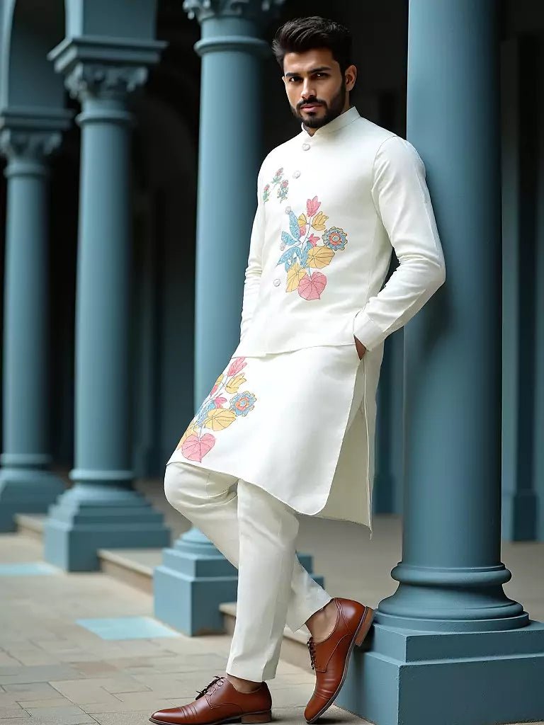 Image of Light Pista Green Floral Print Matka Silk Kurta Jacket Set - South India Shopping Mall