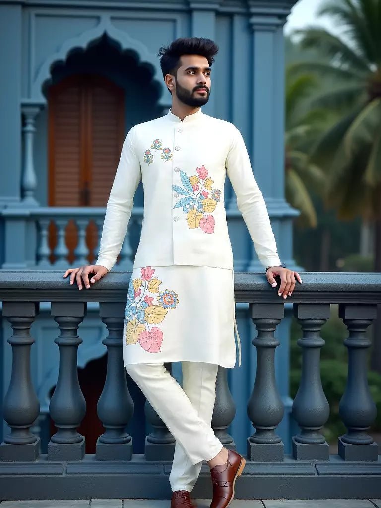 Image of Light Pista Green Floral Print Matka Silk Kurta Jacket Set - South India Shopping Mall