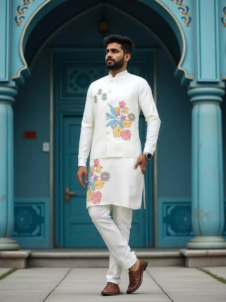 Image of Light Pista Green Floral Print Matka Silk Kurta Jacket Set - South India Shopping Mall