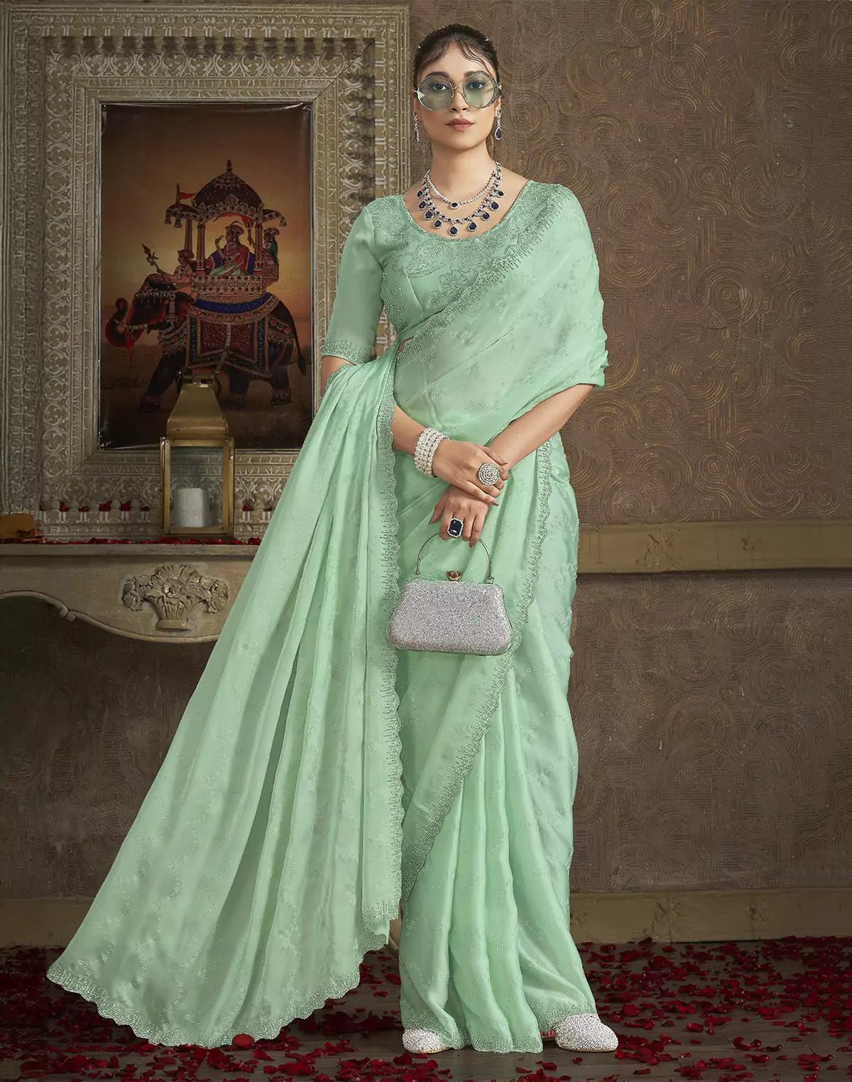 Image of Light Pista Green Self Floral Design Satin Saree With Designer Blouse - South India Shopping Mall