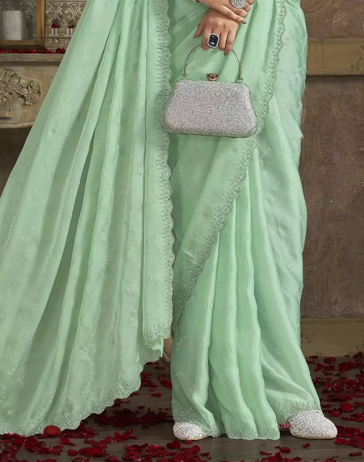 Image of Light Pista Green Self Floral Design Satin Saree With Designer Blouse - South India Shopping Mall