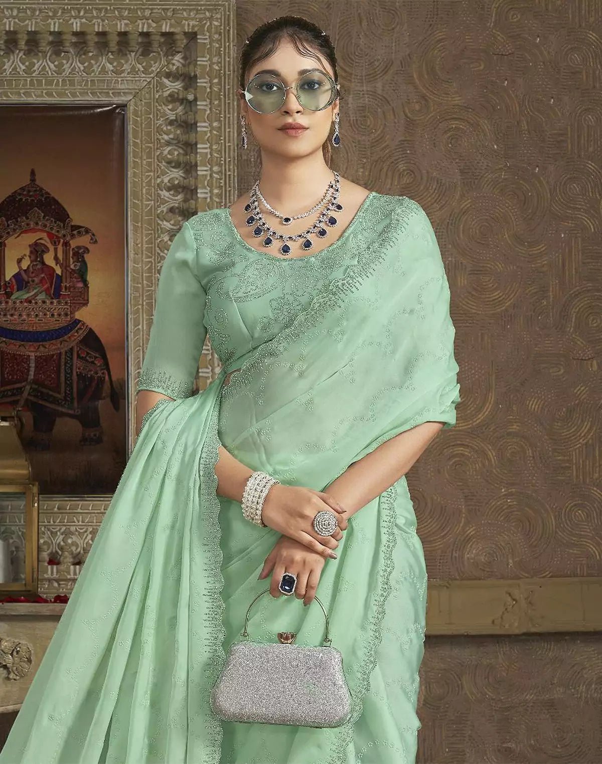 Image of Light Pista Green Self Floral Design Satin Saree With Designer Blouse - South India Shopping Mall