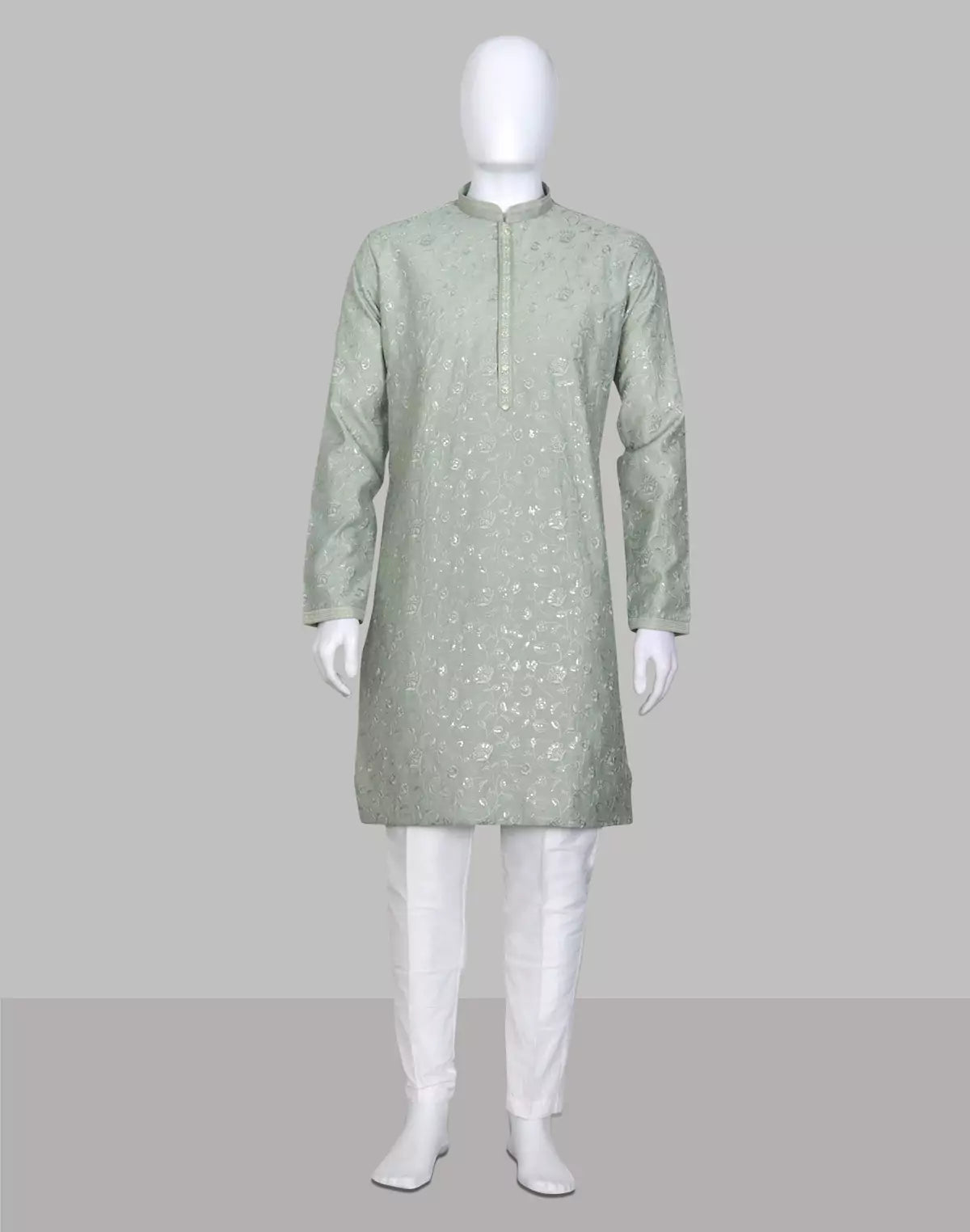 Image of Light Pista Self Floral Embroidery work Giza Cotton Kurta Pajama - South India Shopping Mall