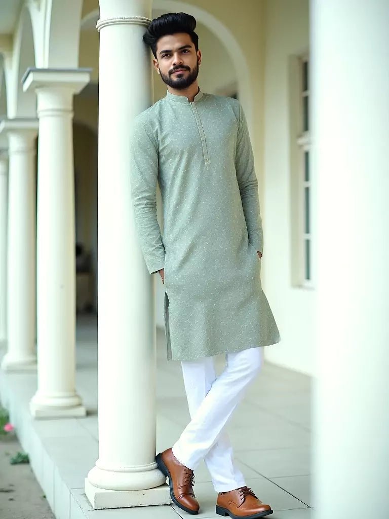Image of Light Pista Self Floral Embroidery work Giza Cotton Kurta Pajama - South India Shopping Mall