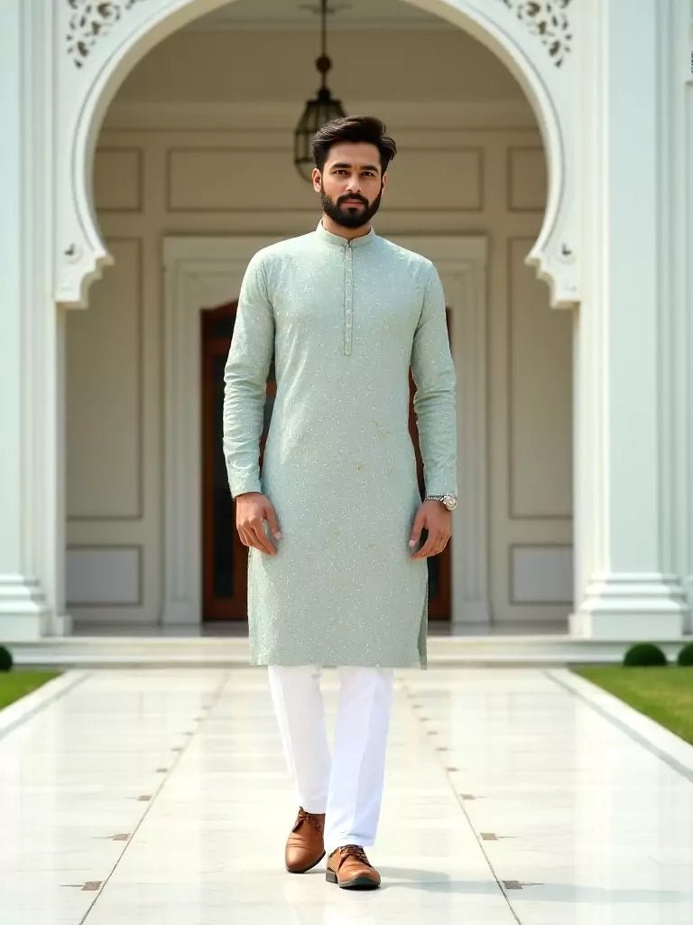 Image of Light Pista Self Floral Embroidery work Giza Cotton Kurta Pajama - South India Shopping Mall