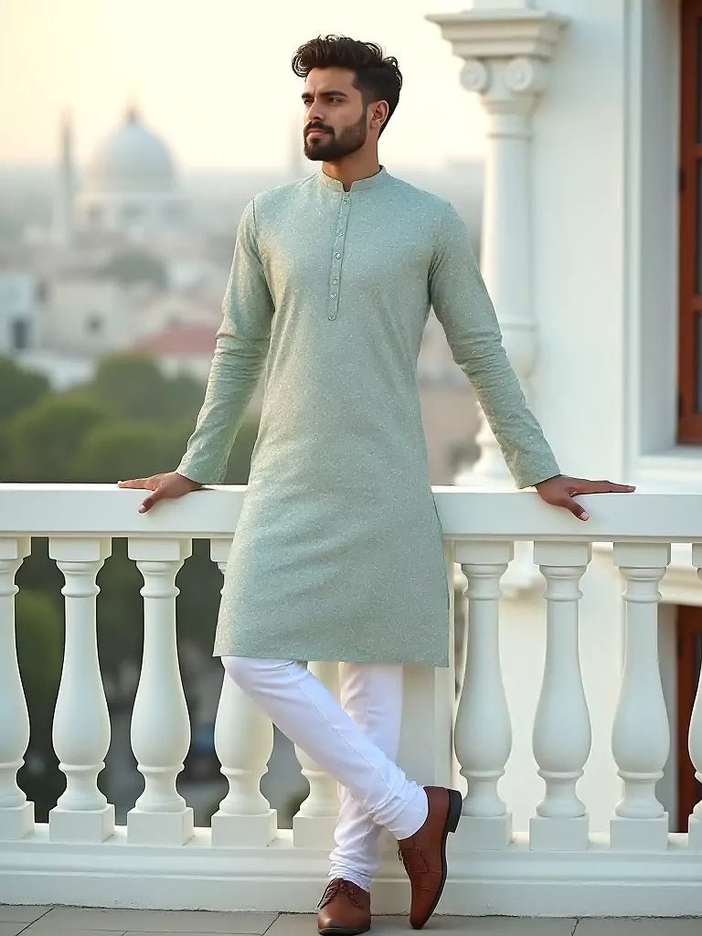 Image of Light Pista Self Floral Embroidery work Giza Cotton Kurta Pajama - South India Shopping Mall