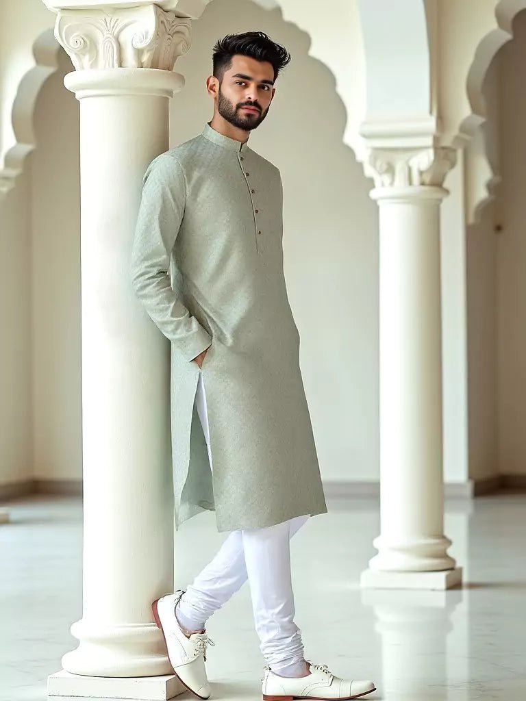 Image of Light Pista Self Patterned Cotton Kurta Pyjama Set - South India Shopping Mall