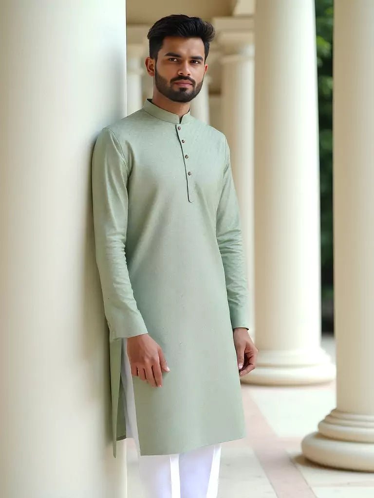 Image of Light Pista Self Patterned Cotton Kurta Pyjama Set - South India Shopping Mall