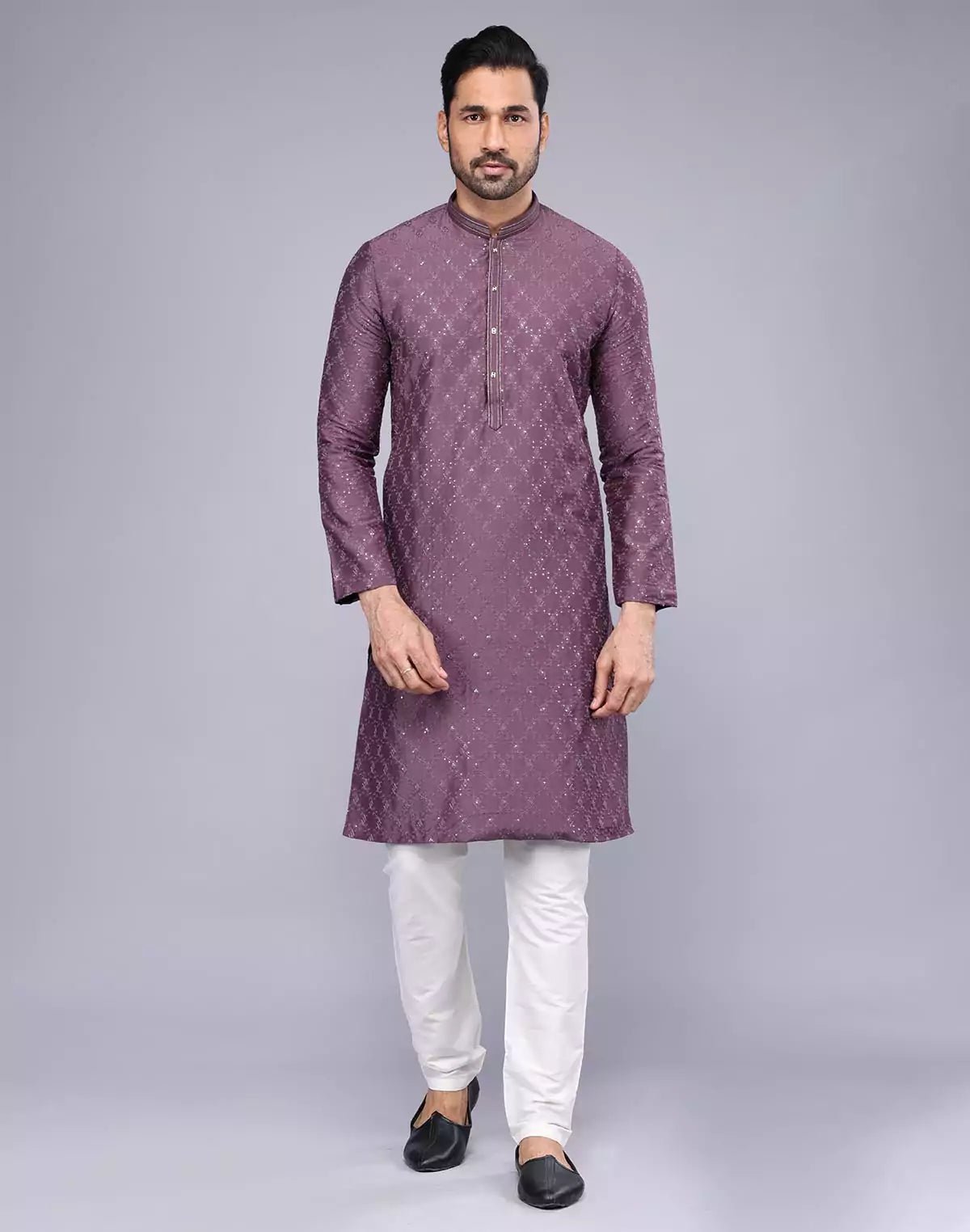 Image of Light Purple Embellished work Soft Silk Party Wear Floral Kurta Set - South India Shopping Mall