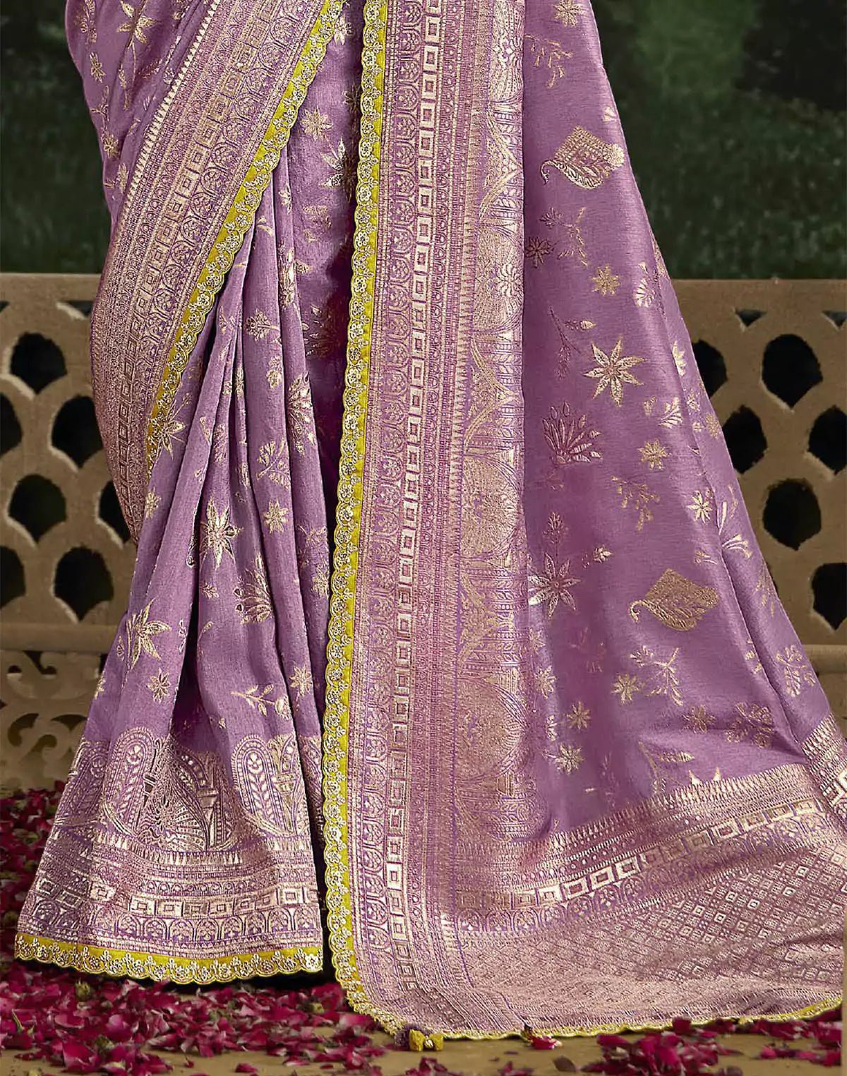 Image of Light Purple Fancy Lace Border Dola Silk Saree With Contrast Work Blouse - South India Shopping Mall