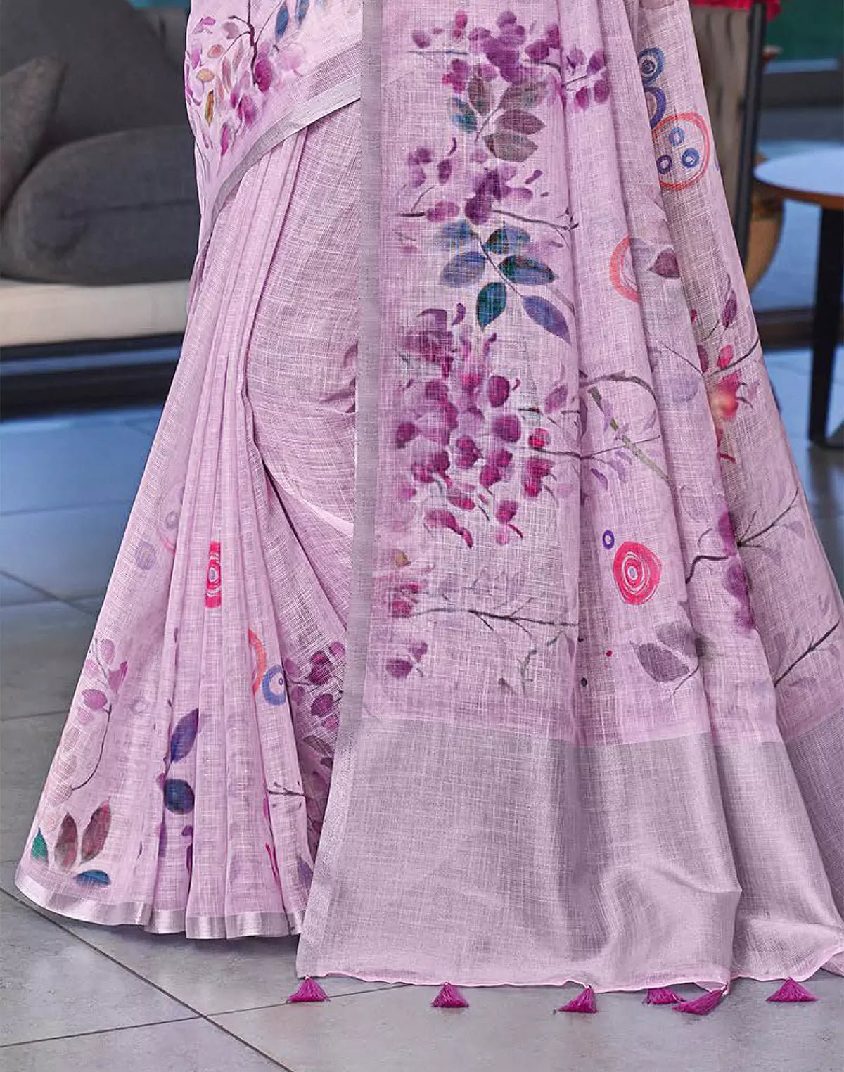 Image of Light Purple Floral Digital Print Linen Cotton Saree - South India Shopping Mall