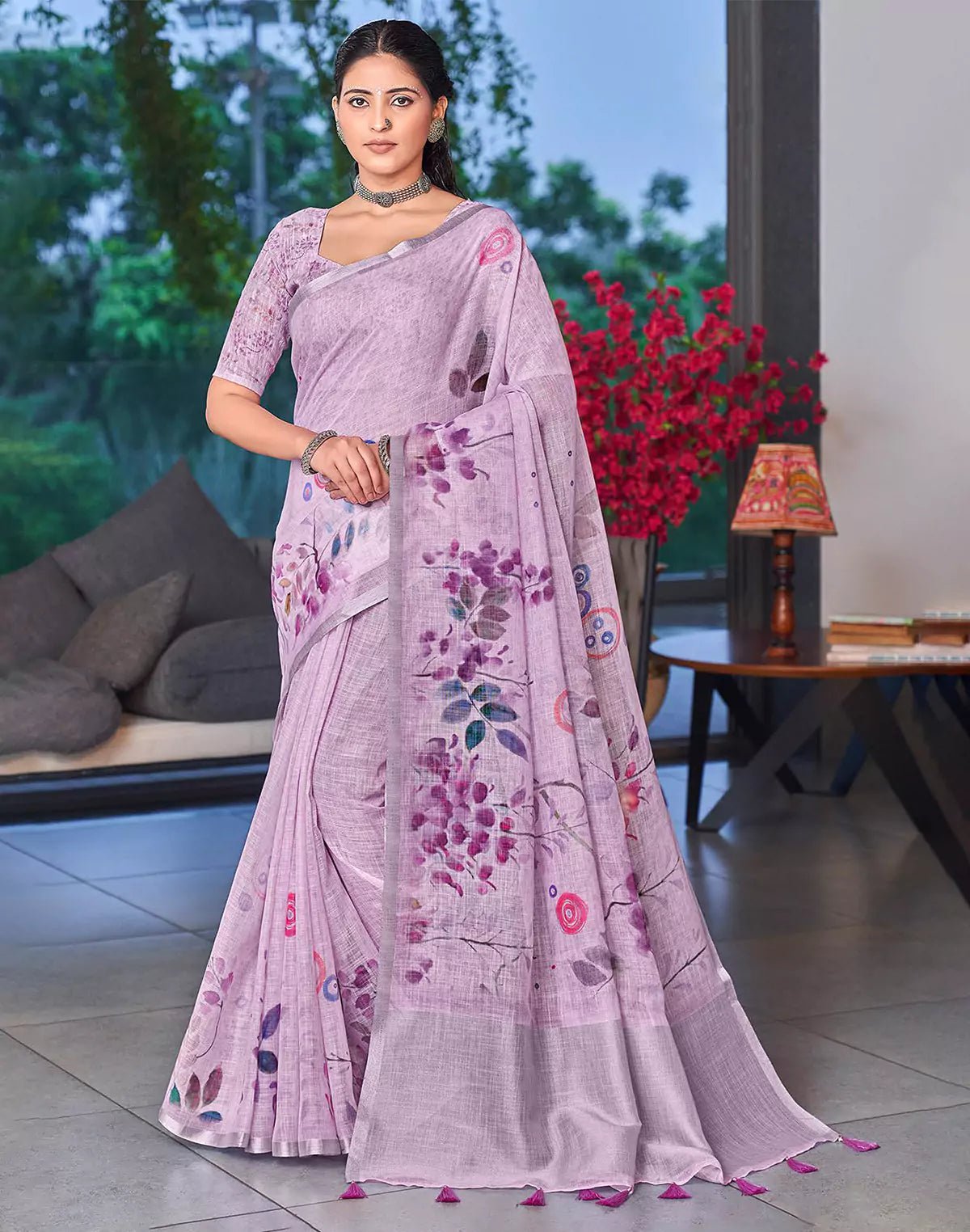 Image of Light Purple Floral Digital Print Linen Cotton Saree - South India Shopping Mall