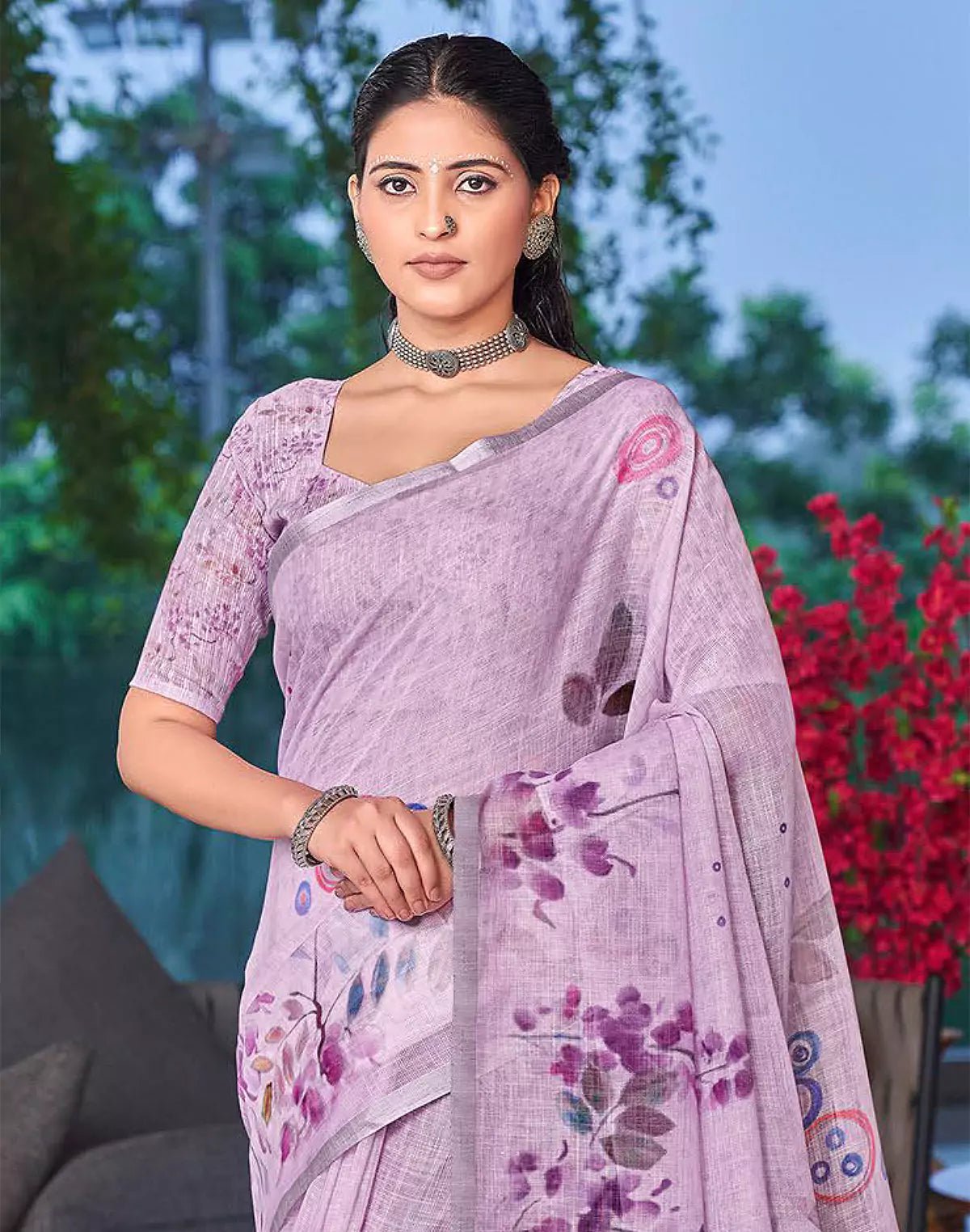 Image of Light Purple Floral Digital Print Linen Cotton Saree - South India Shopping Mall