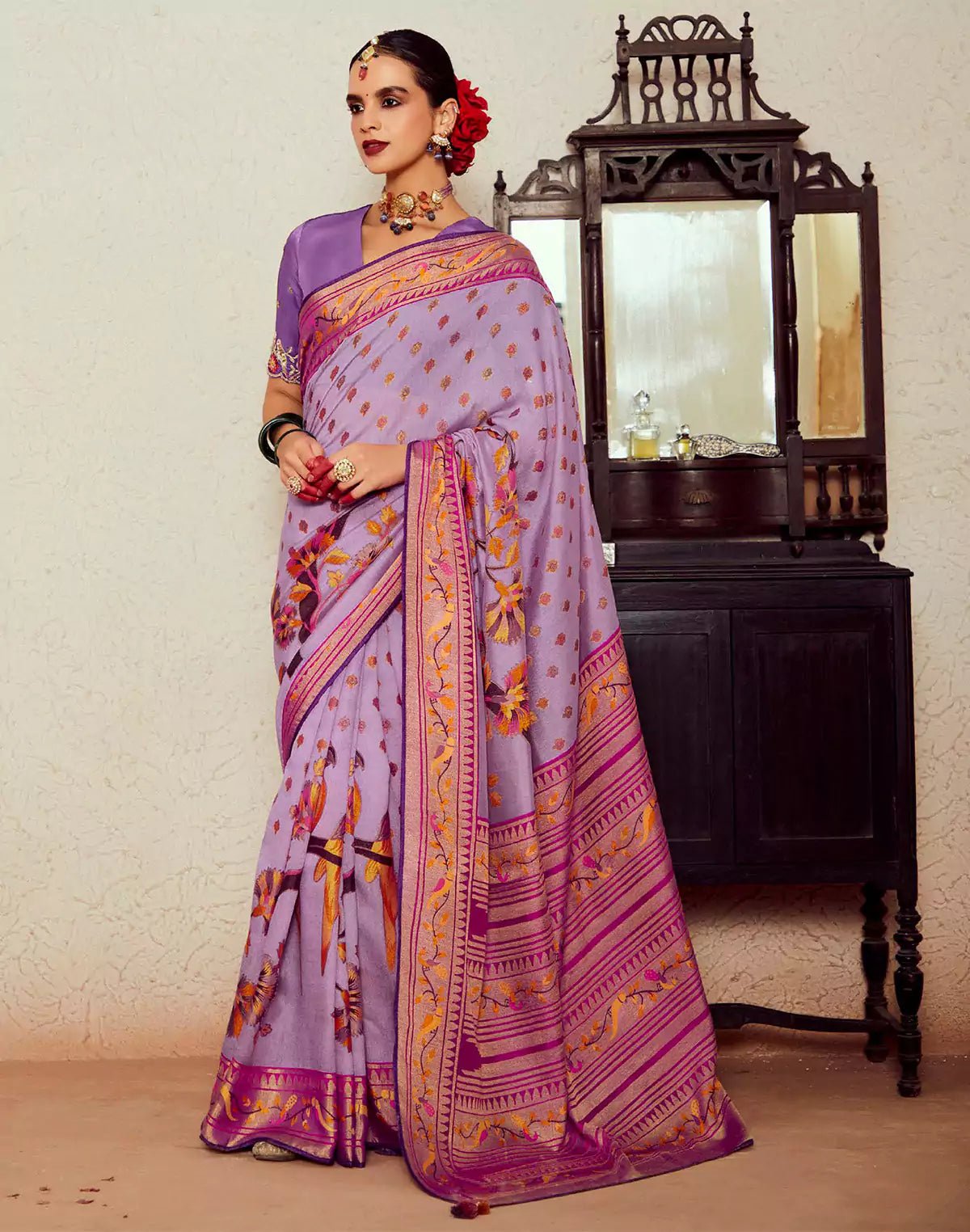 Image of Light Purple Floral Pattern Brasso Silk Saree - South India Shopping Mall