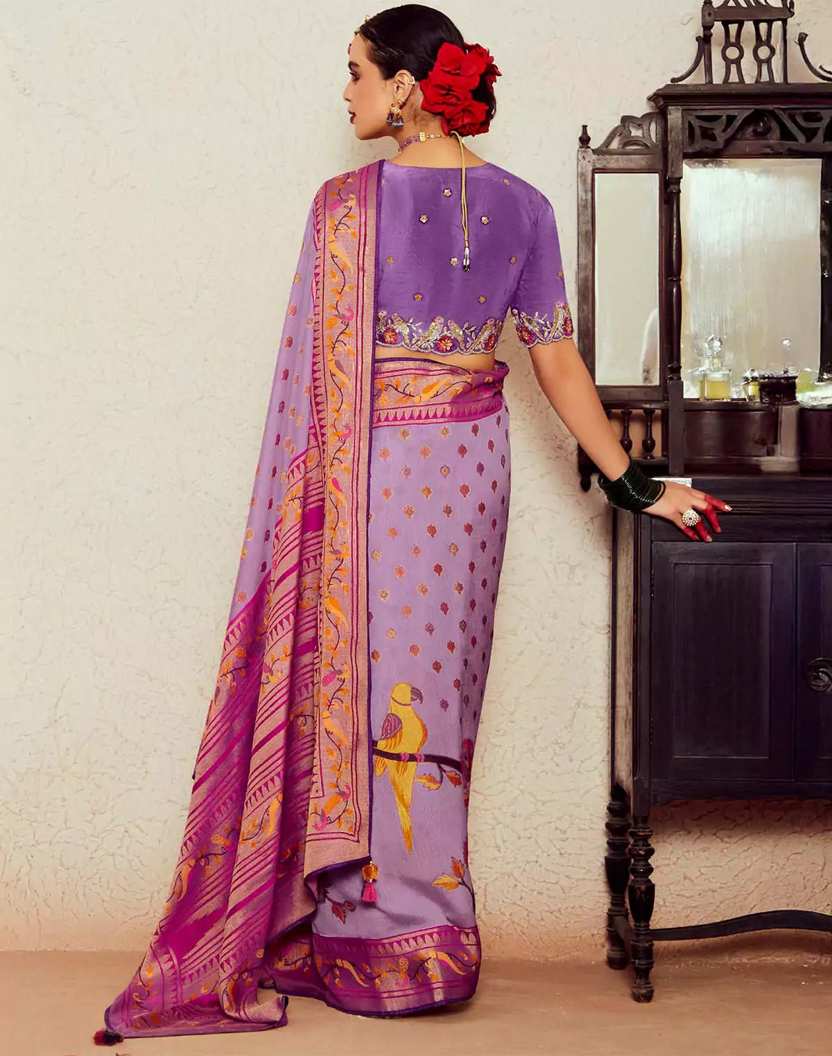 Image of Light Purple Floral Pattern Brasso Silk Saree - South India Shopping Mall