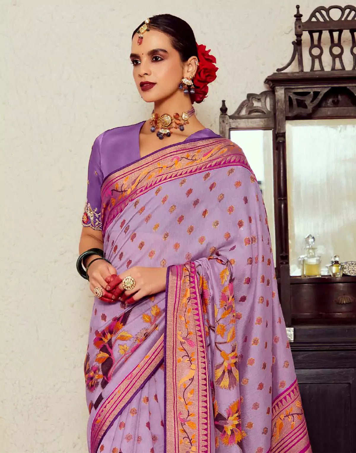 Image of Light Purple Floral Pattern Brasso Silk Saree - South India Shopping Mall