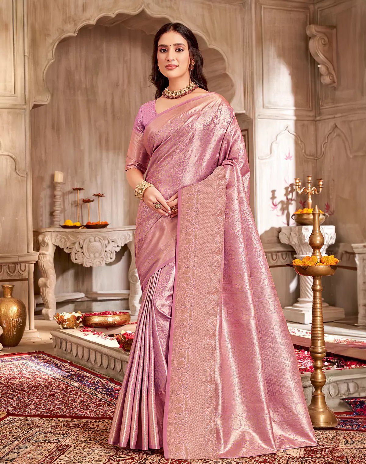 Light Purple Floral Semi Silk Tissue Jaal Self Border Saree - South India Shopping Mall