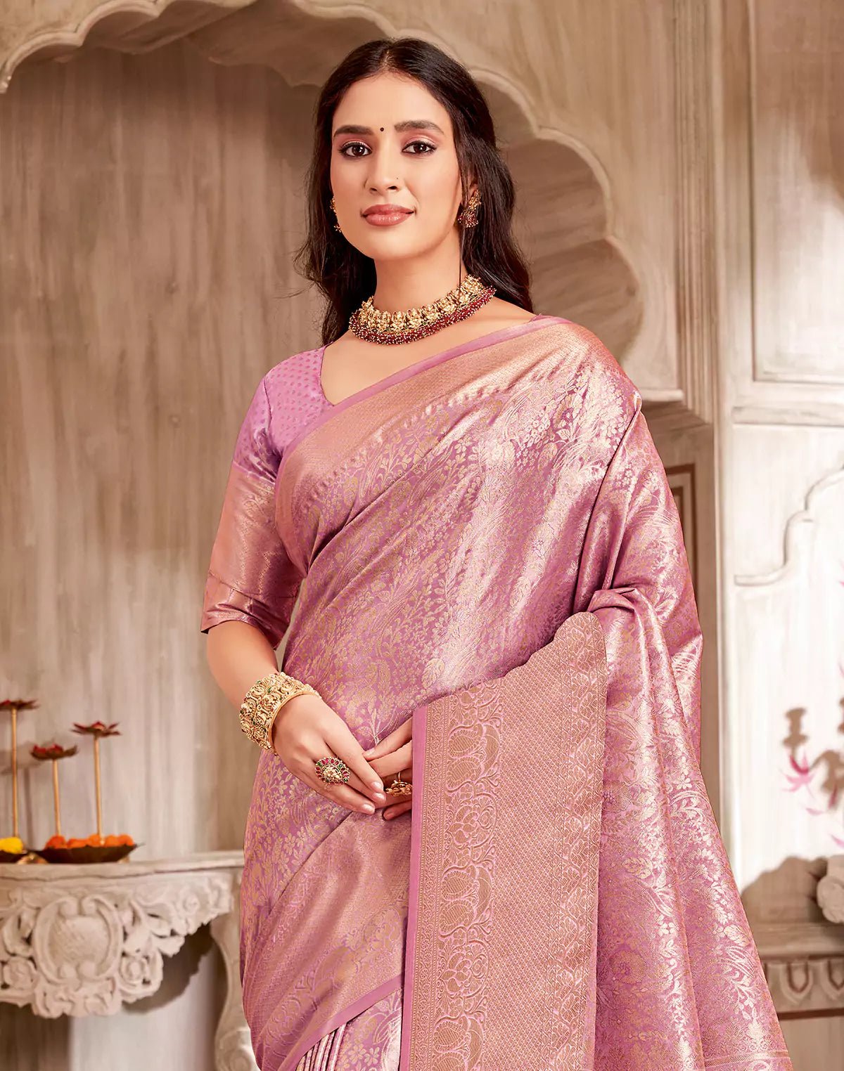 Light Purple Floral Semi Silk Tissue Jaal Self Border Saree - South India Shopping Mall