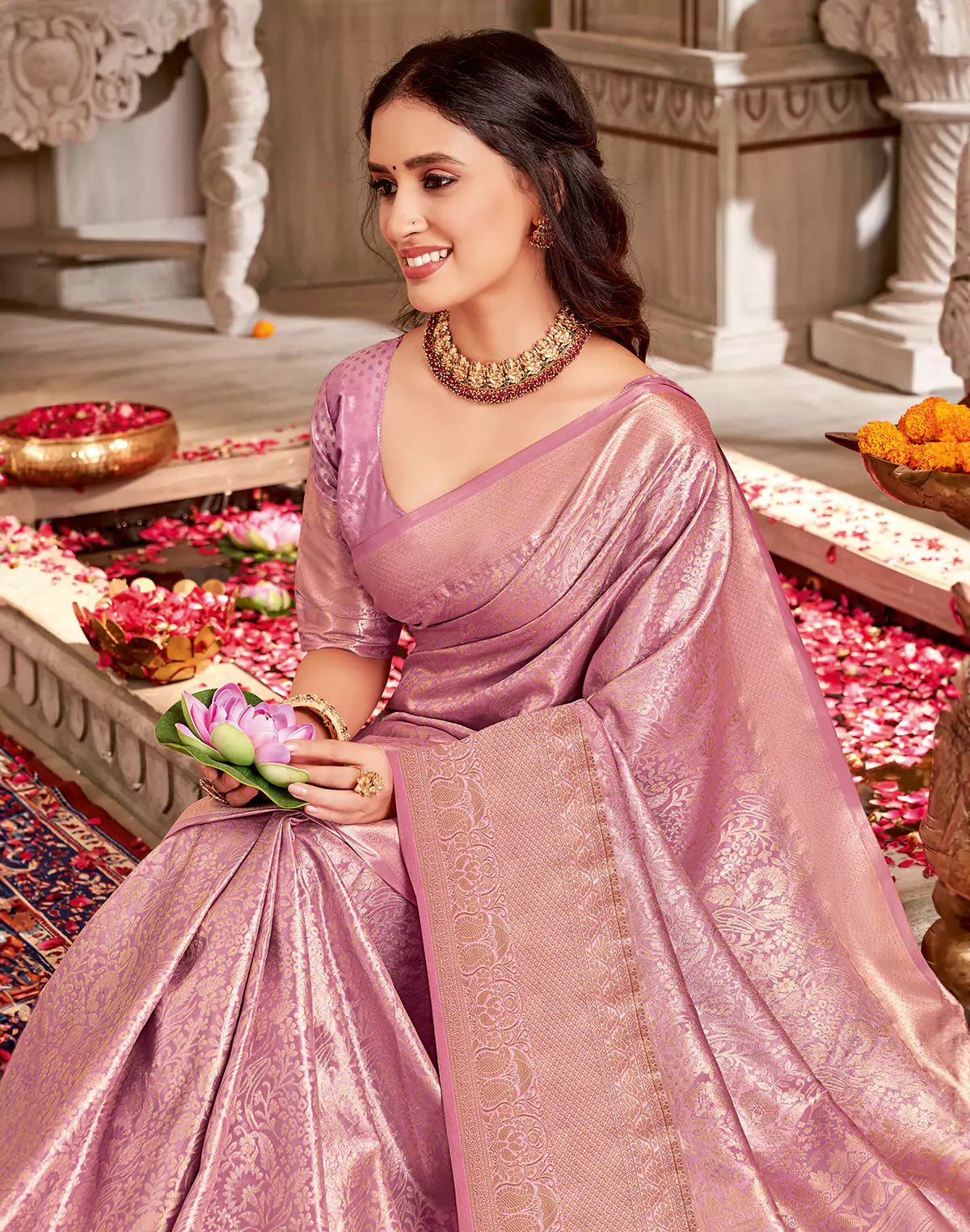 Light Purple Floral Semi Silk Tissue Jaal Self Border Saree - South India Shopping Mall