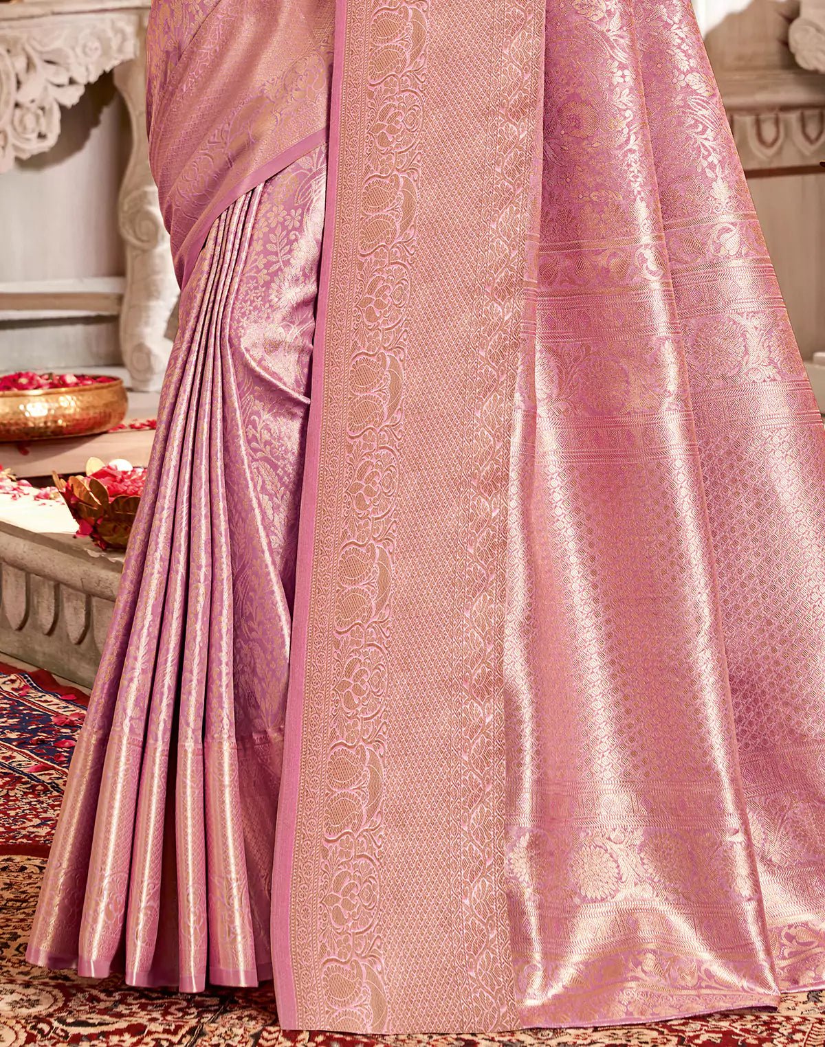 Image of Light Purple Floral Semi Silk Tissue Jaal Self Border Saree - South India Shopping Mall