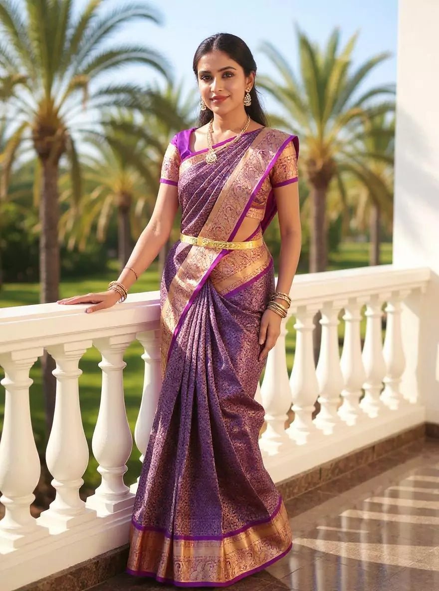 Image of Light Purple Golden Floral Zari Kanchi Pattu Silk Saree - South India Shopping Mall