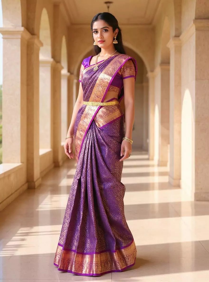 Image of Light Purple Golden Floral Zari Kanchi Pattu Silk Saree - South India Shopping Mall