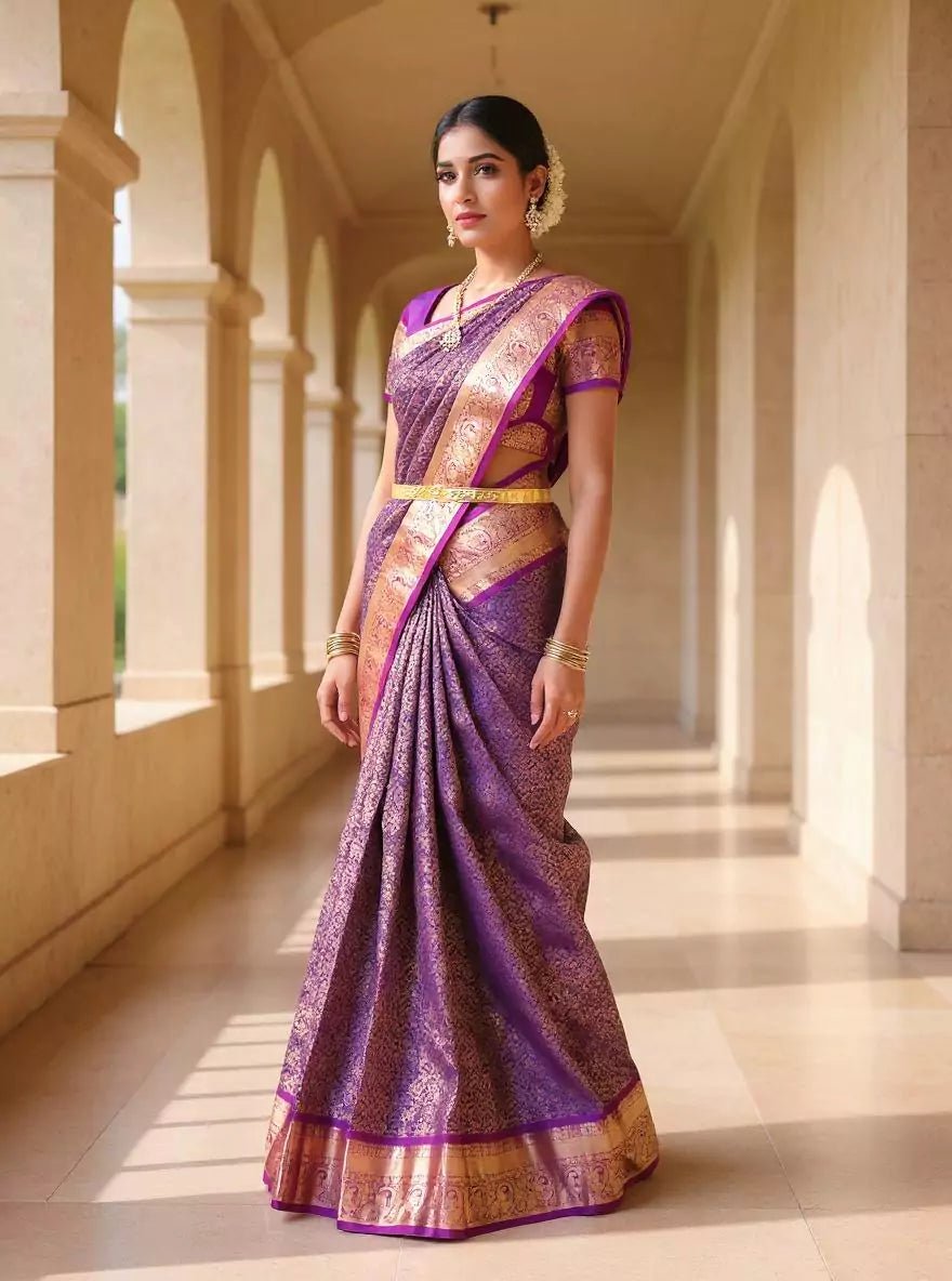 Image of Light Purple Golden Floral Zari Kanchi Pattu Silk Saree - South India Shopping Mall
