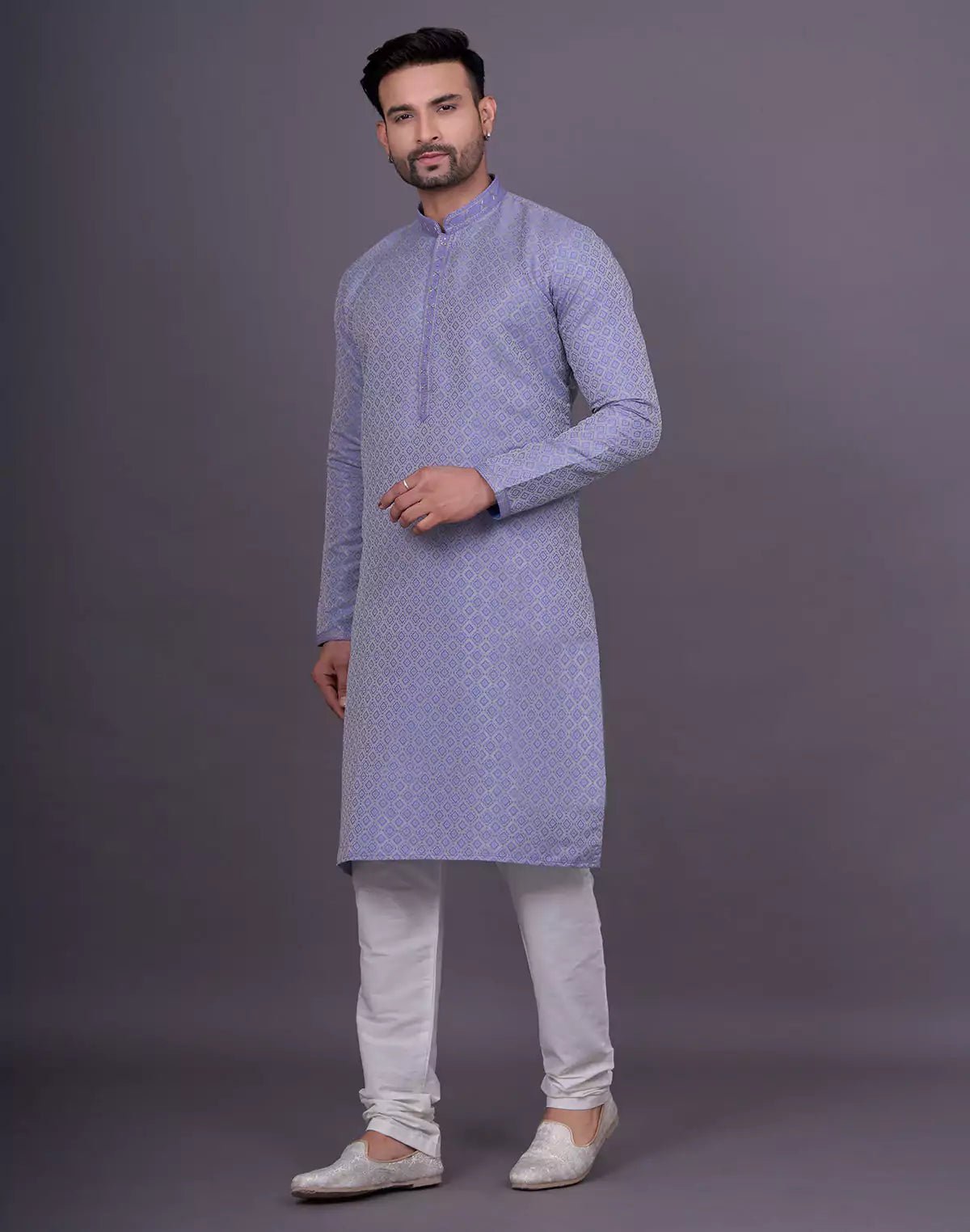 Image of Light Purple Self Highlighted Thread work Soft Silk Kurta Pyjama Set - South India Shopping Mall