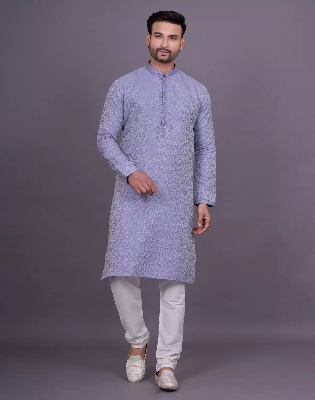 Image of Light Purple Self Highlighted Thread work Soft Silk Kurta Pyjama Set - South India Shopping Mall