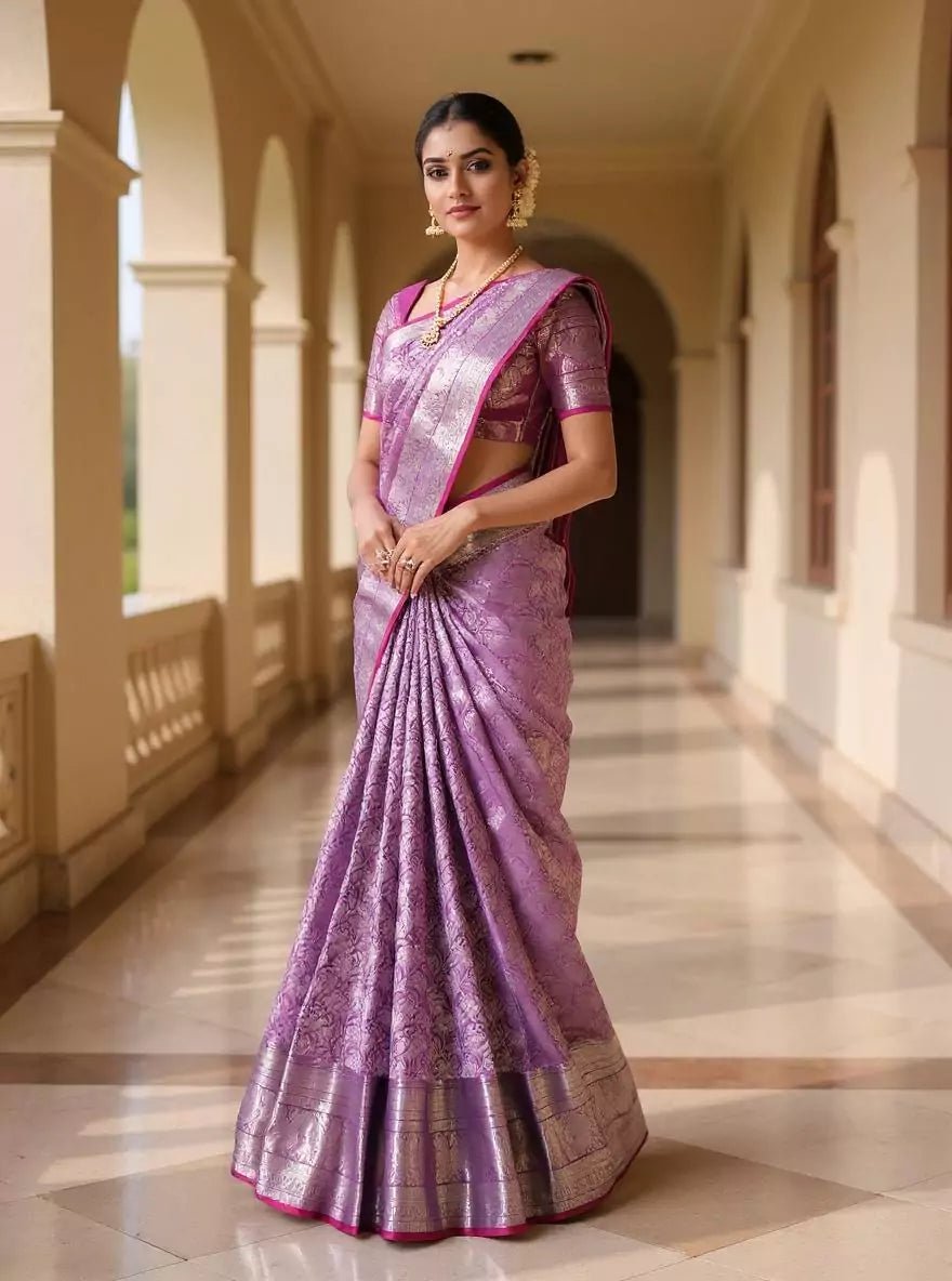 Image of Light Purple Silver Zari Kanchi Pattu Silk Saree with Contrast Blouse - South India Shopping Mall