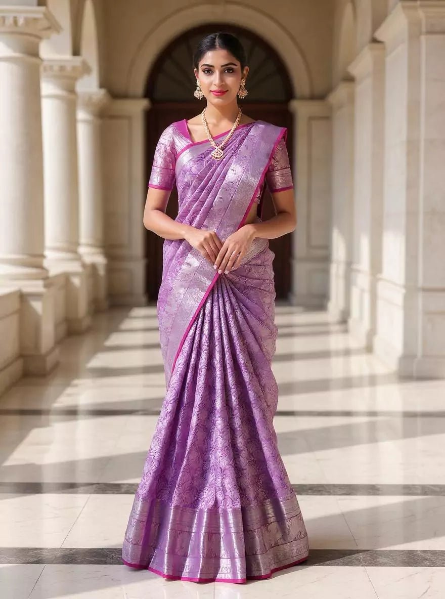 Image of Light Purple Silver Zari Kanchi Pattu Silk Saree with Contrast Blouse - South India Shopping Mall