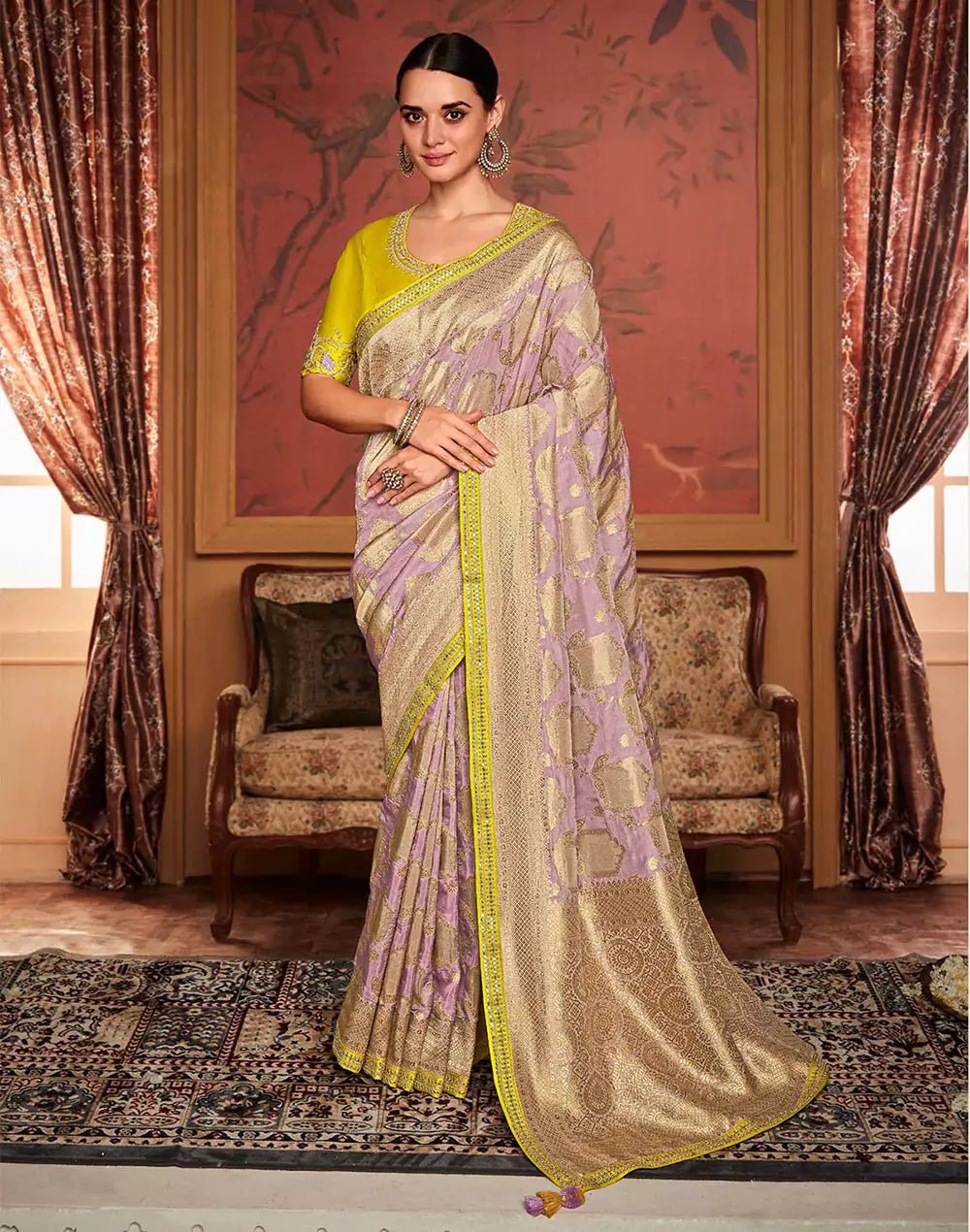 Image of Light Purple Woven Design Fancy Lace Border Dola Silk Saree - South India Shopping Mall