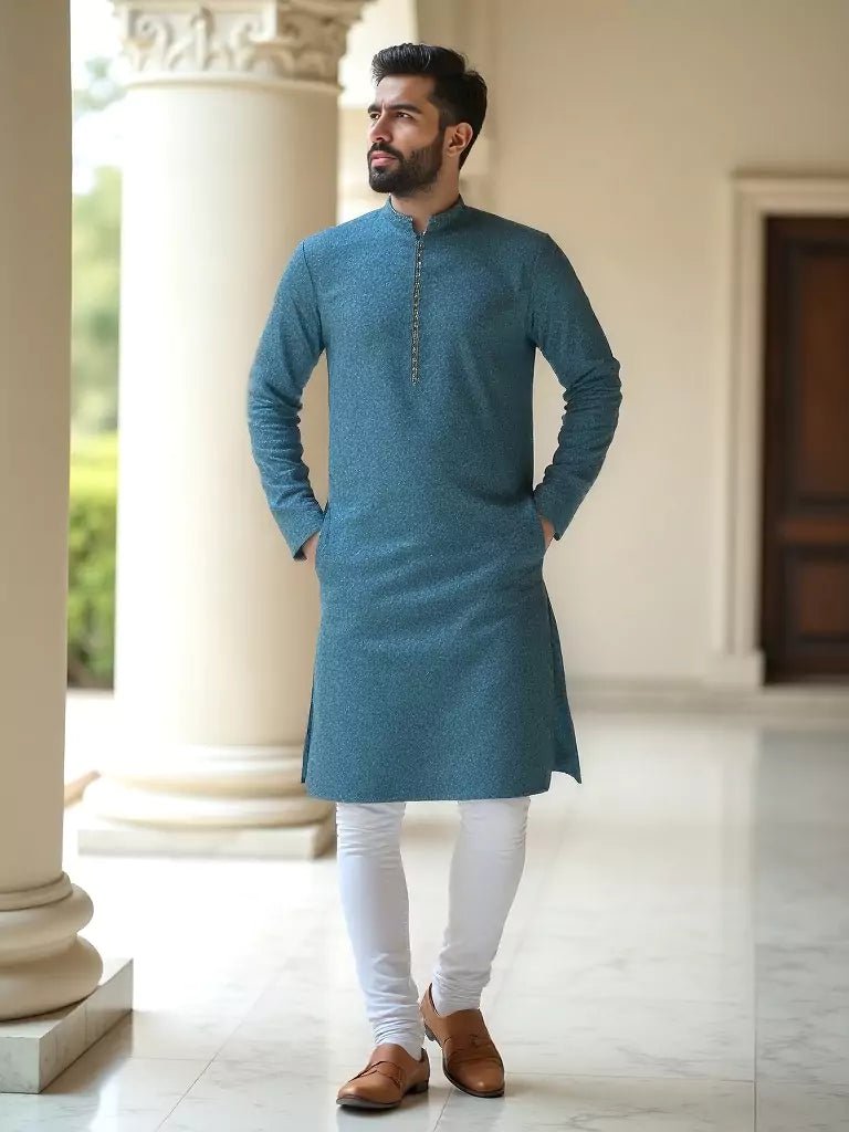 Image of Light Rama Coloured Embellished work Self Design Jacquard Kurta Set - South India Shopping Mall