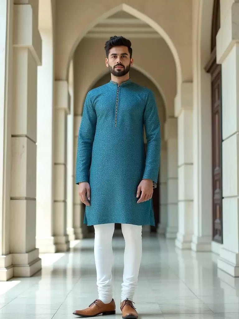 Image of Light Rama Coloured Embellished work Self Design Jacquard Kurta Set - South India Shopping Mall