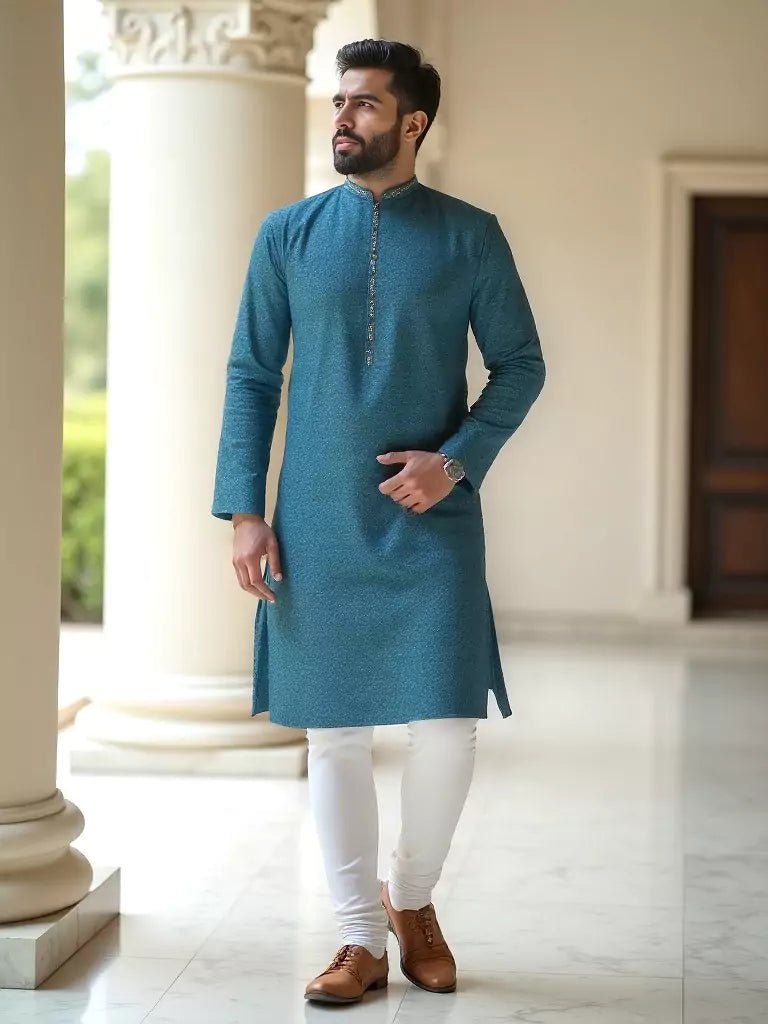 Image of Light Rama Coloured Embellished work Self Design Jacquard Kurta Set - South India Shopping Mall