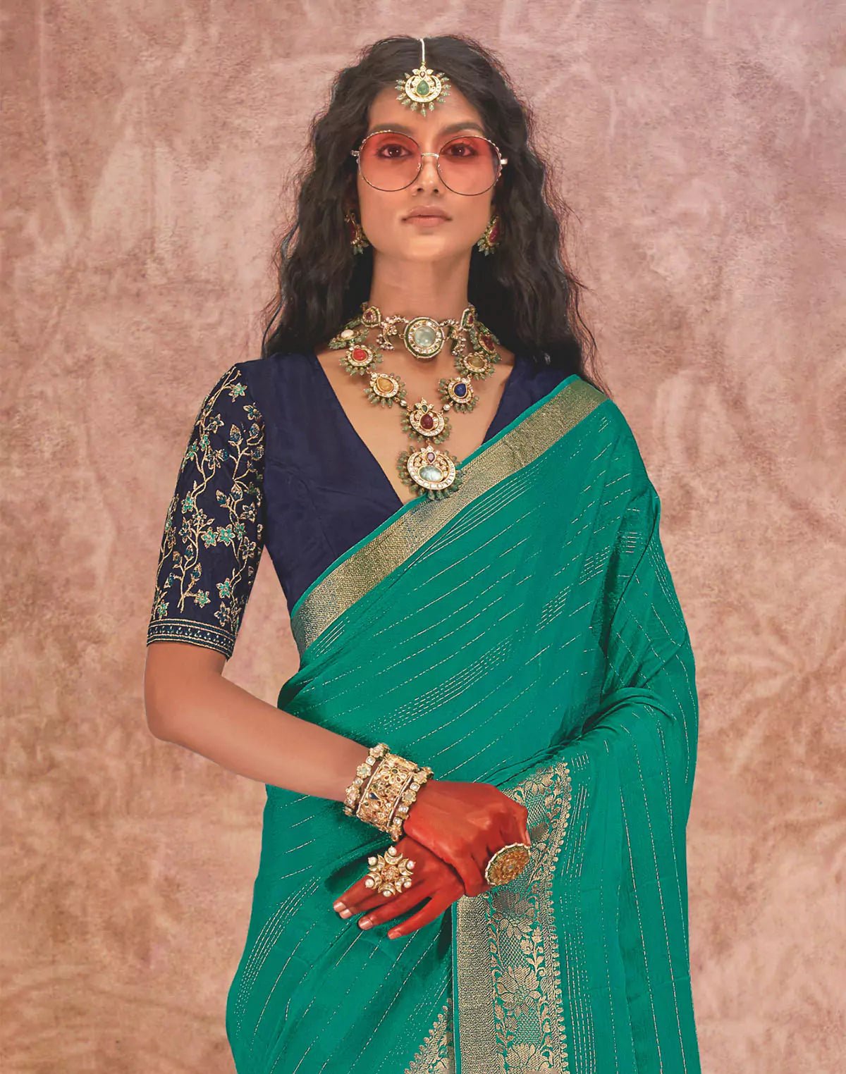 Light Sea Green Chiffon Saree with Embroidery work Blouse - South India Shopping Mall