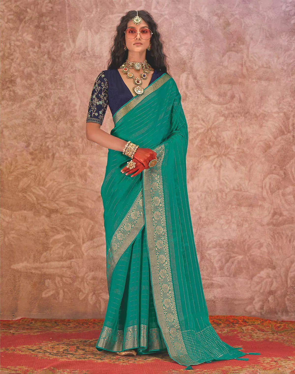 Image of Light Sea Green Chiffon Saree with Embroidery work Blouse - South India Shopping Mall