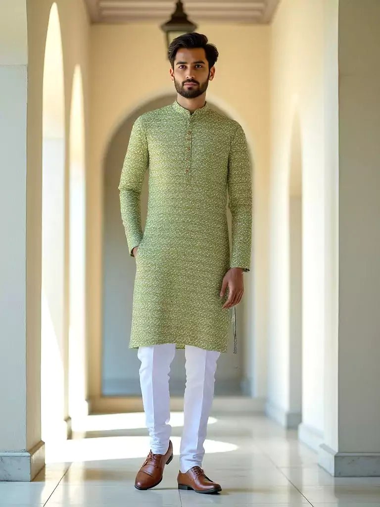 Image of Light Sea Green Floral Printed Cotton Kurta - South India Shopping Mall