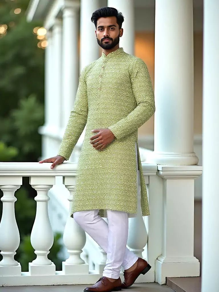 Image of Light Sea Green Floral Printed Cotton Kurta - South India Shopping Mall