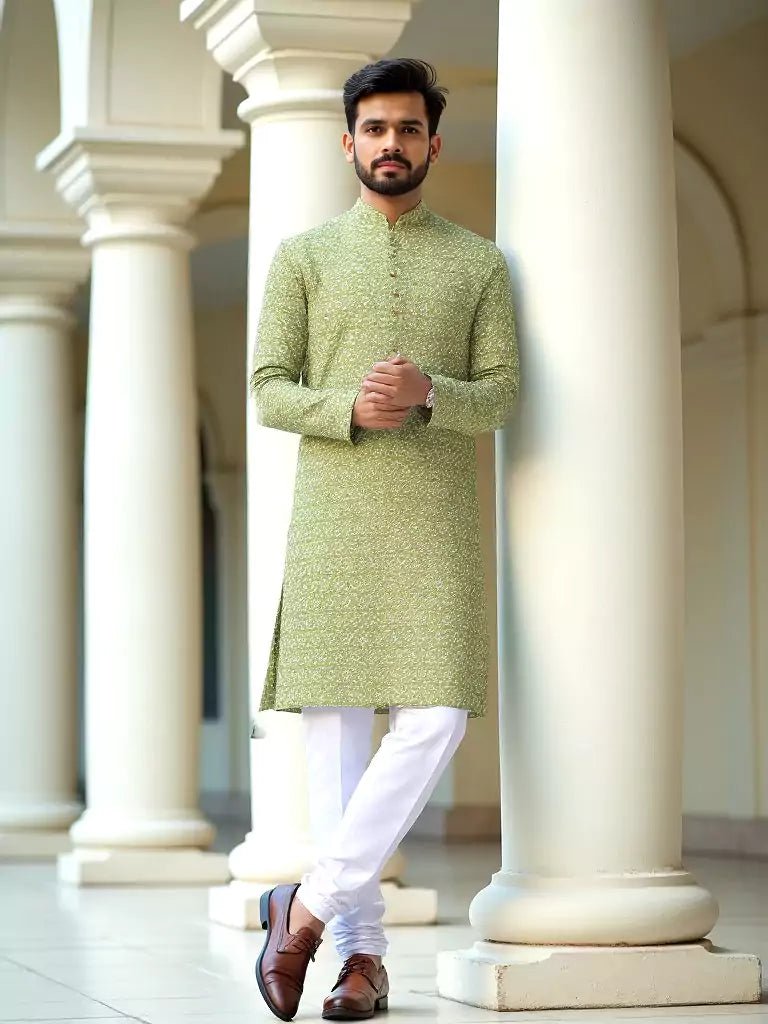 Image of Light Sea Green Floral Printed Cotton Kurta - South India Shopping Mall