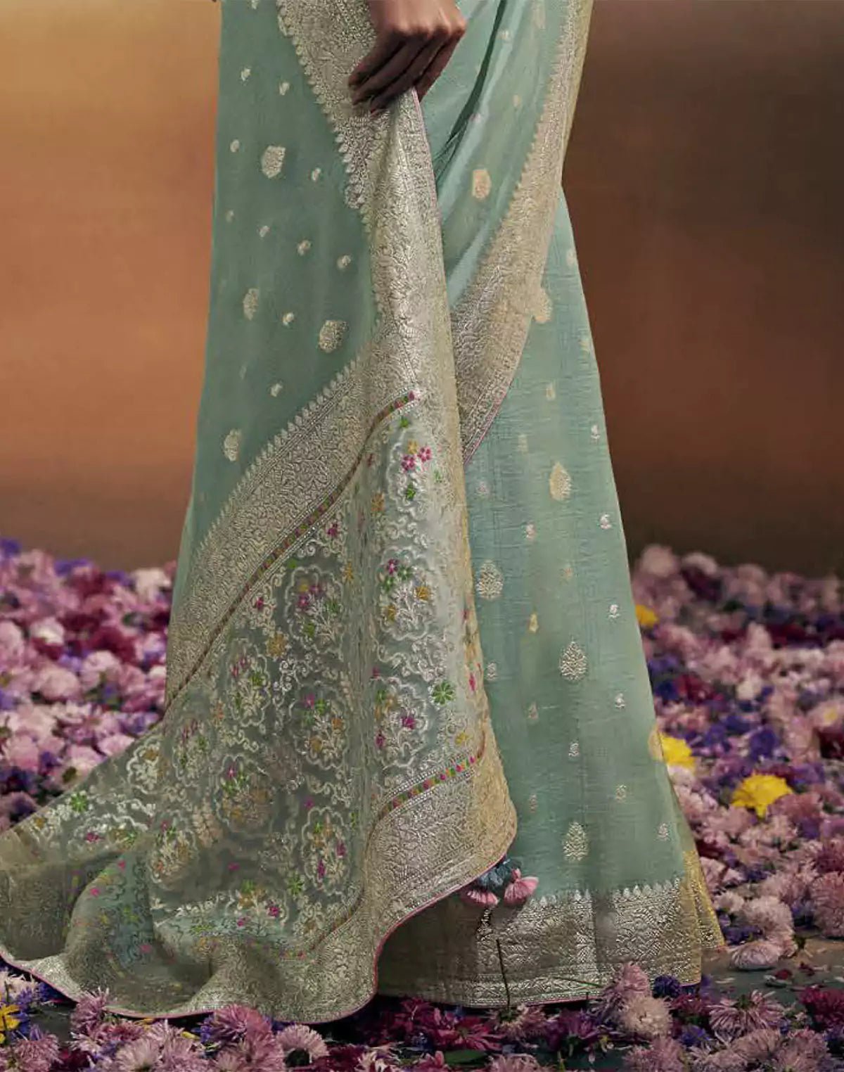 Image of Light Sea Green Pure Dola Silk Saree and Designer Blouse - South India Shopping Mall