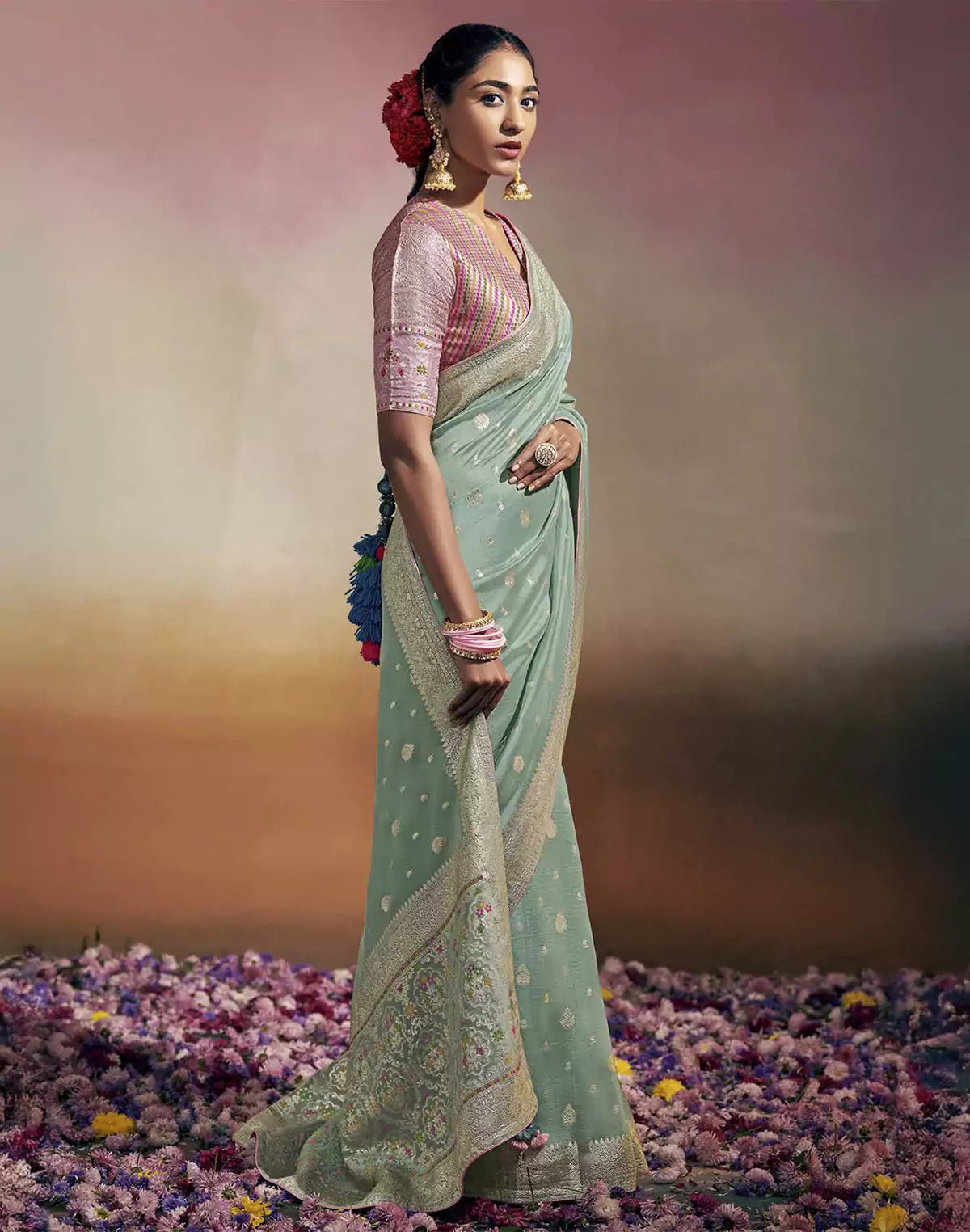 Image of Light Sea Green Pure Dola Silk Saree and Designer Blouse - South India Shopping Mall